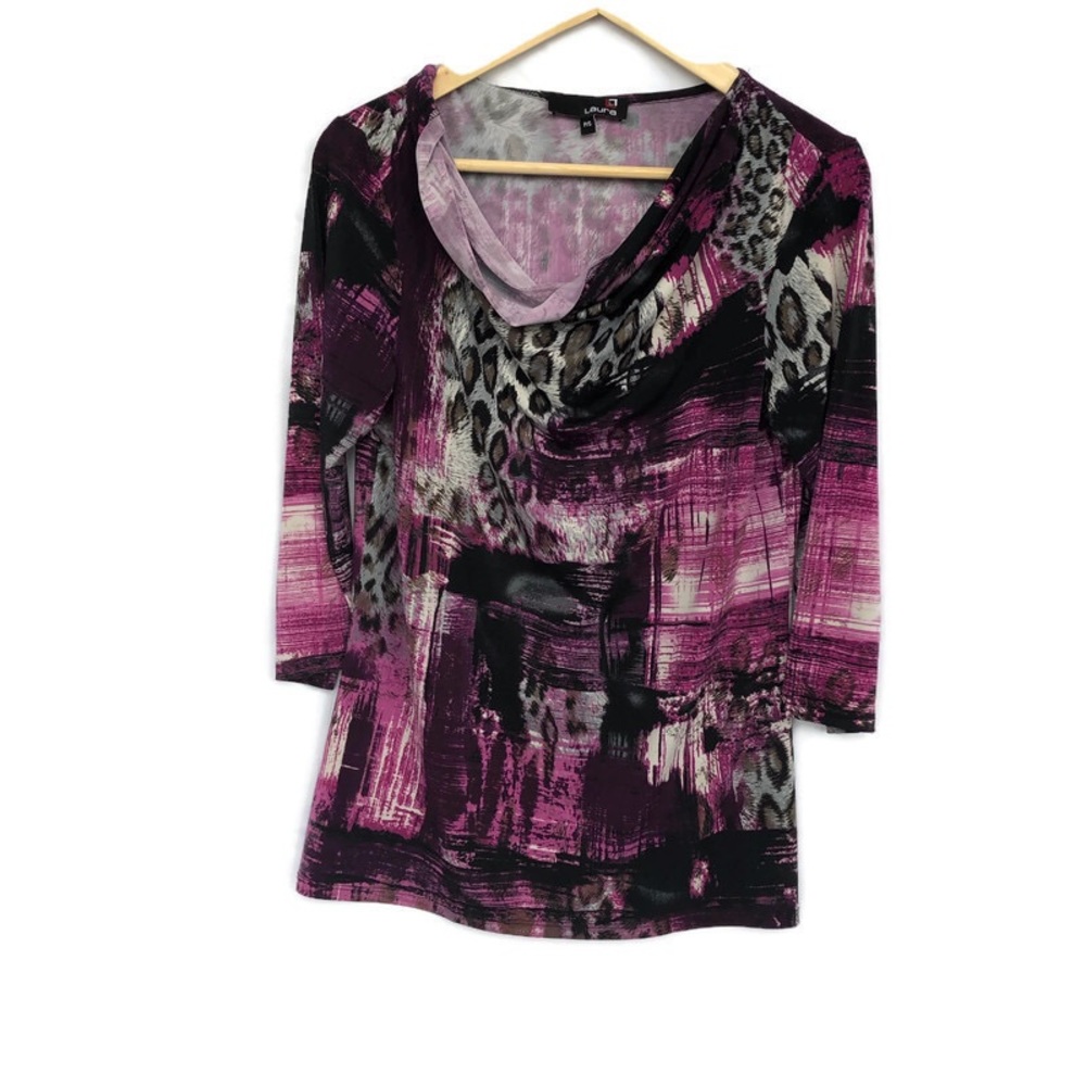 3/4 sleeve cowl neck mixed leopard print